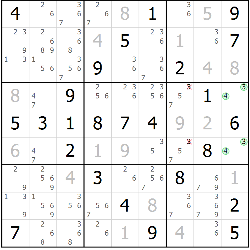 Position des candidats pour la solution de la Gr 54 page 57 du magazine de sudoku Virtuose n° 114