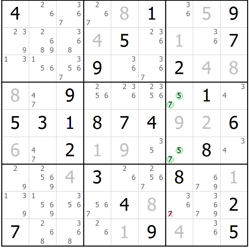 Position des candidats pour la solution de la Gr 54 page 57 du magazine de sudoku Virtuose n° 114