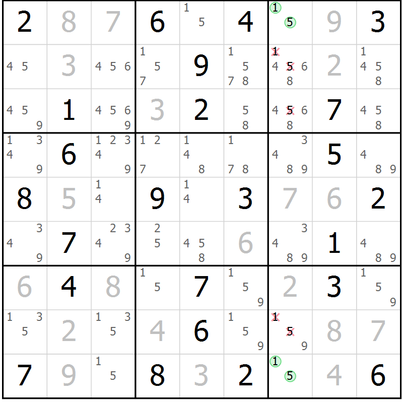 Position des candidats pour la solution de la Gr 56 page 59 du magazine de sudoku Virtuose n° 114