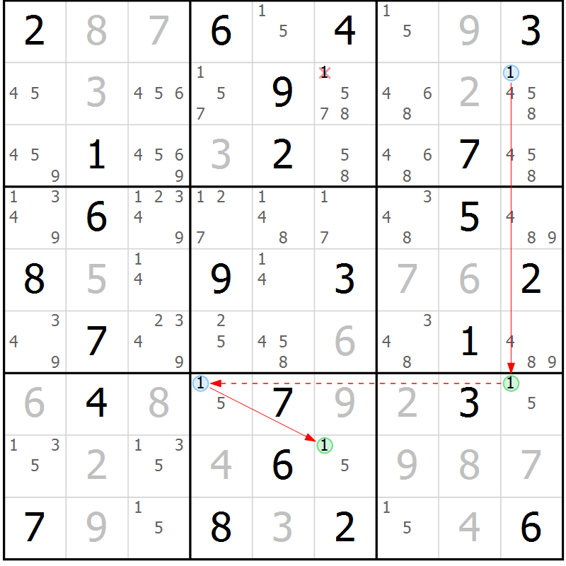Position des candidats pour la solution de la Gr 56 page 59 du magazine de sudoku Virtuose n° 114
