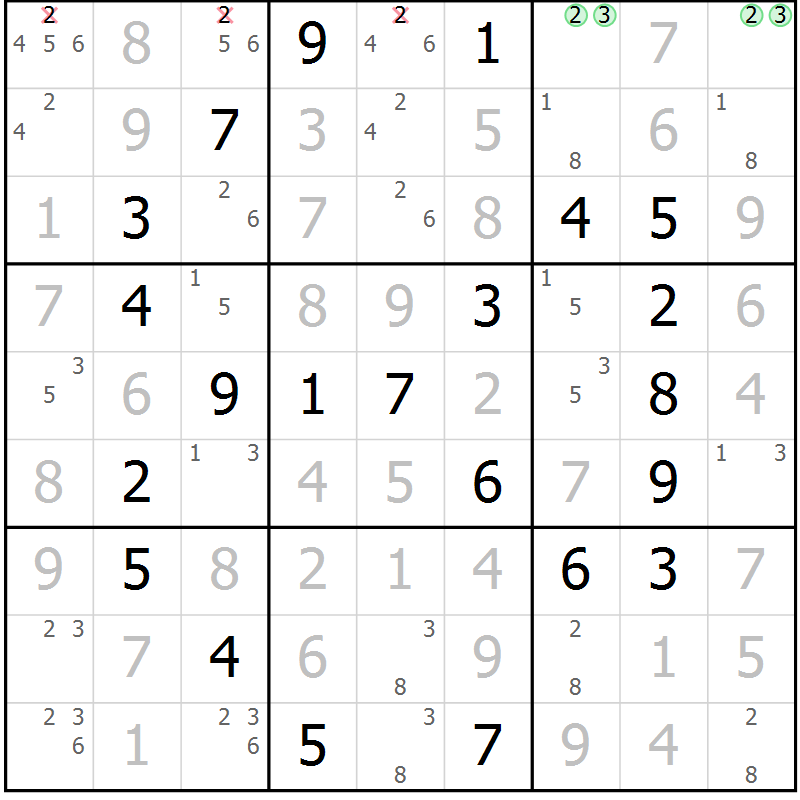 Position des candidats pour la solution de la Gr 57 page 60 du magazine de sudoku Virtuose n° 114