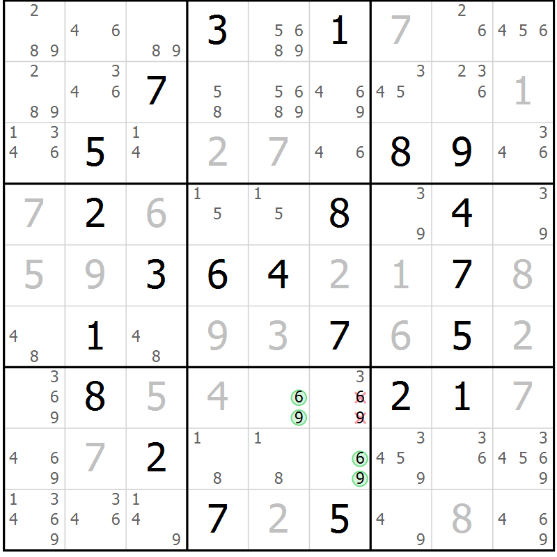Position des candidats pour la solution de la Gr 58 page 61 du magazine de sudoku Virtuose n° 114