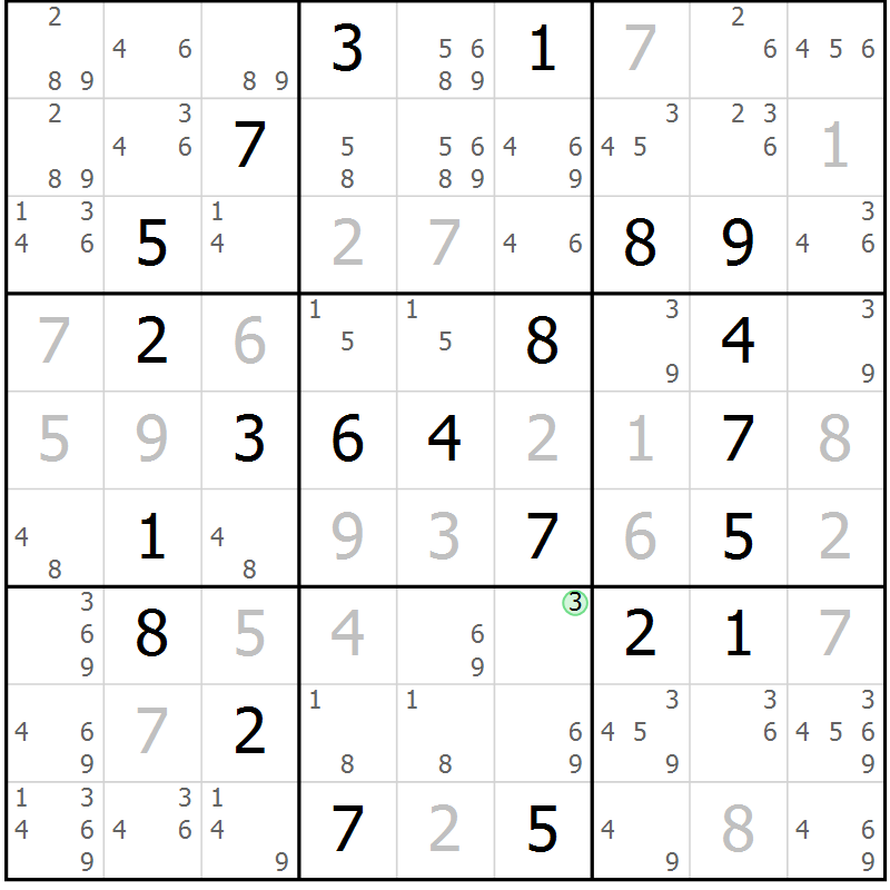 Position des candidats pour la solution de la Gr 58 page 61 du magazine de sudoku Virtuose n° 114