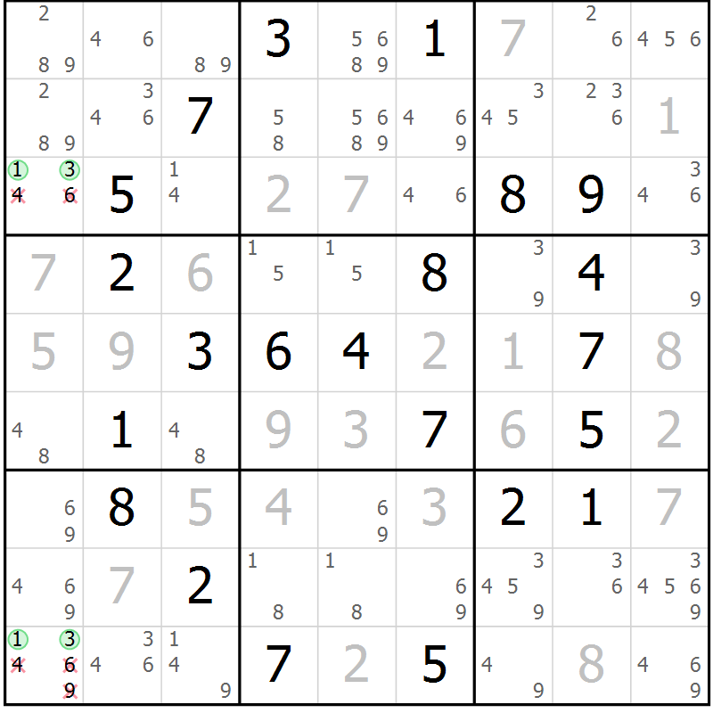 Position des candidats pour la solution de la Gr 58 page 61 du magazine de sudoku Virtuose n° 114
