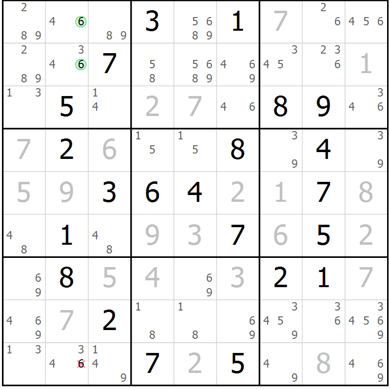 Position des candidats pour la solution de la Gr 58 page 61 du magazine de sudoku Virtuose n° 114
