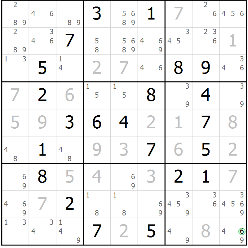Position des candidats pour la solution de la Gr 58 page 61 du magazine de sudoku Virtuose n° 114