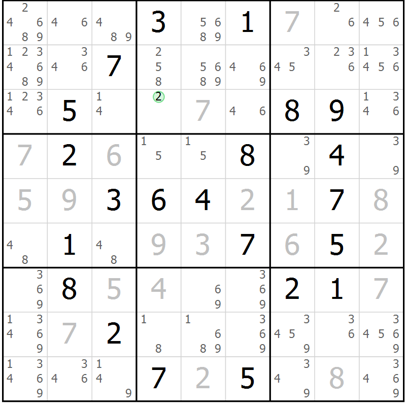 Position des candidats pour la solution de la Gr 58 page 61 du magazine de sudoku Virtuose n° 114