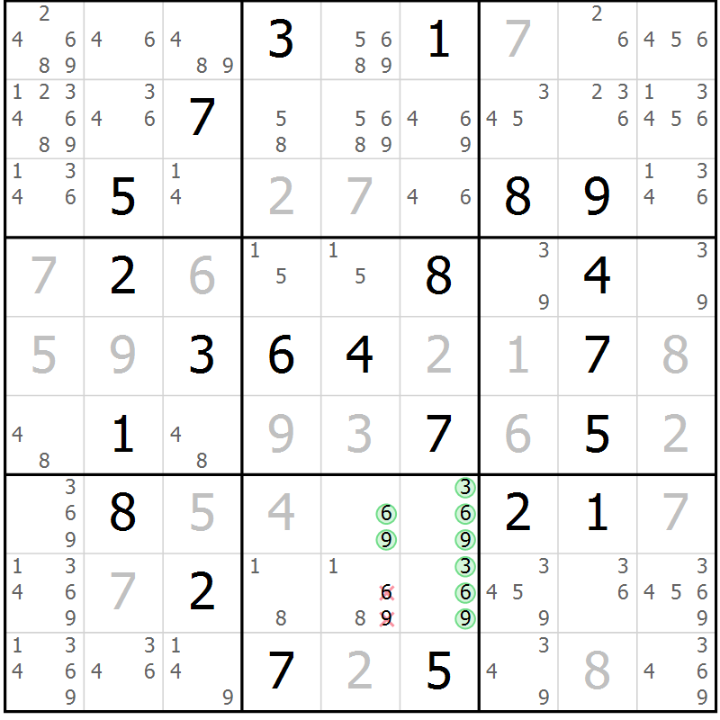 Position des candidats pour la solution de la Gr 58 page 61 du magazine de sudoku Virtuose n° 114