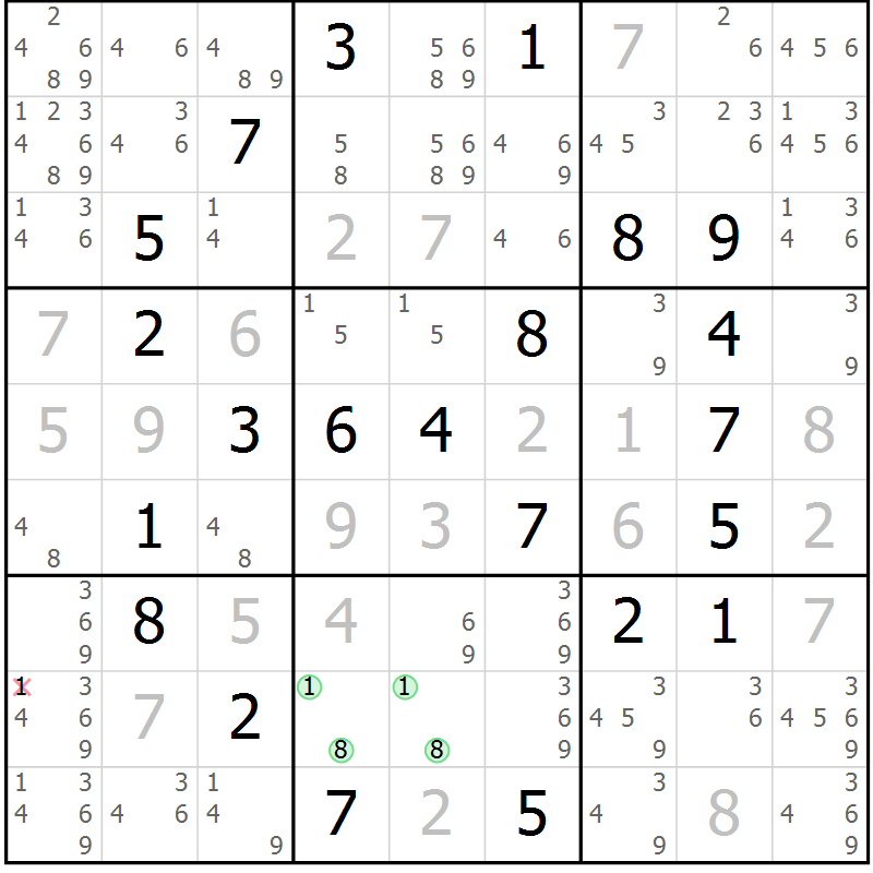 Position des candidats pour la solution de la Gr 58 page 61 du magazine de sudoku Virtuose n° 114
