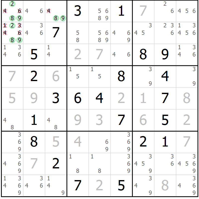 Position des candidats pour la solution de la Gr 58 page 61 du magazine de sudoku Virtuose n° 114