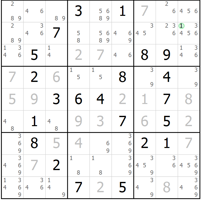 Position des candidats pour la solution de la Gr 58 page 61 du magazine de sudoku Virtuose n° 114