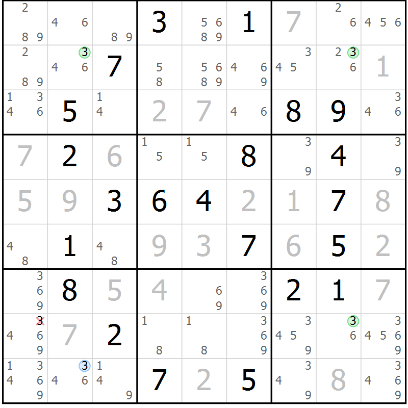 Position des candidats pour la solution de la Gr 58 page 61 du magazine de sudoku Virtuose n° 114