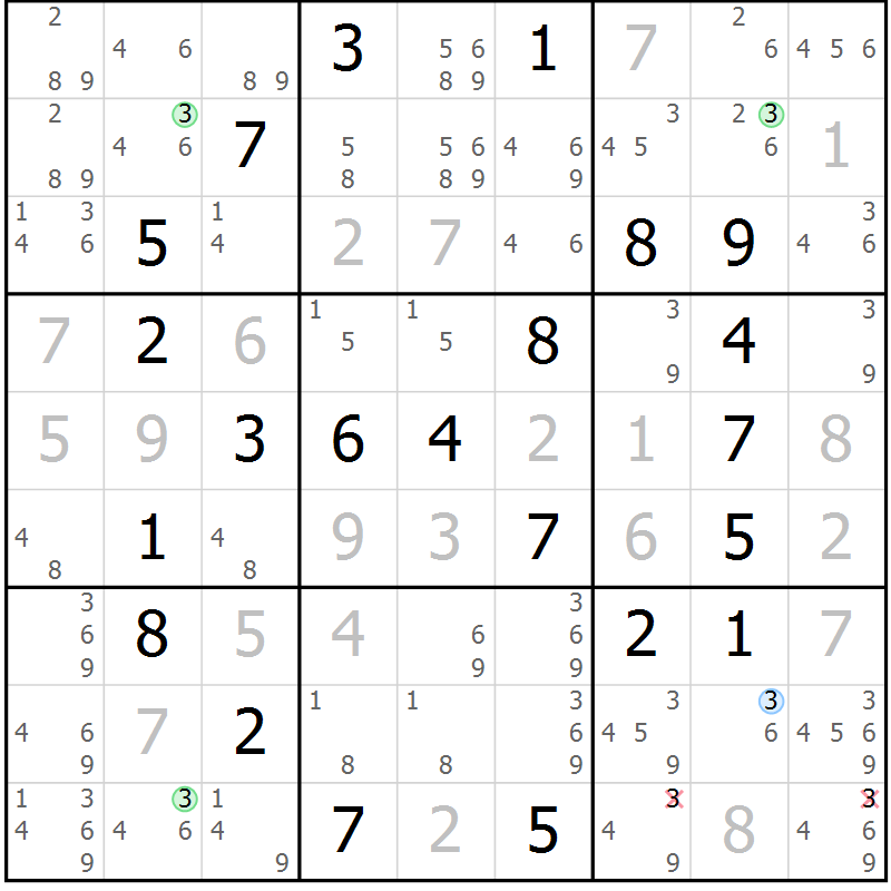 Position des candidats pour la solution de la Gr 58 page 61 du magazine de sudoku Virtuose n° 114