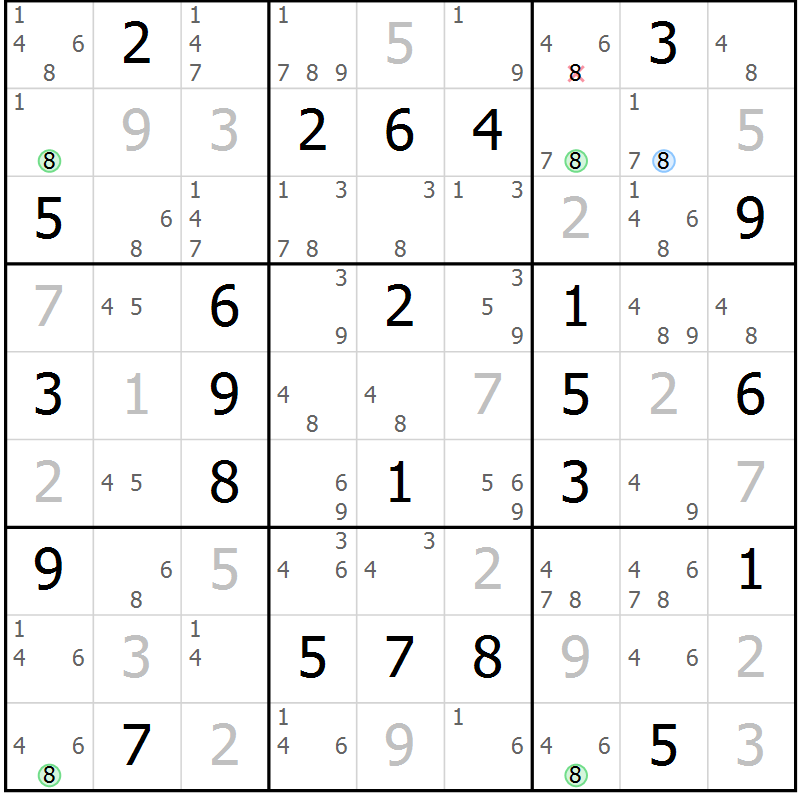Position des candidats pour la solution de la Gr 59 page 62 du magazine de sudoku Virtuose n° 114