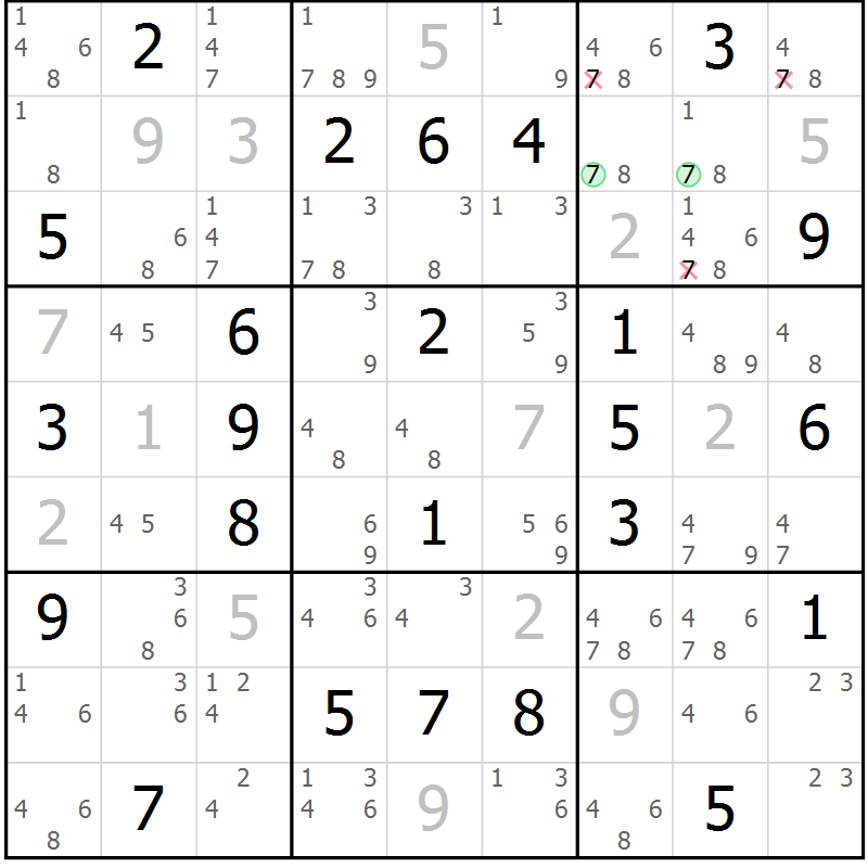 Position des candidats pour la solution de la Gr 59 page 62 du magazine de sudoku Virtuose n° 114