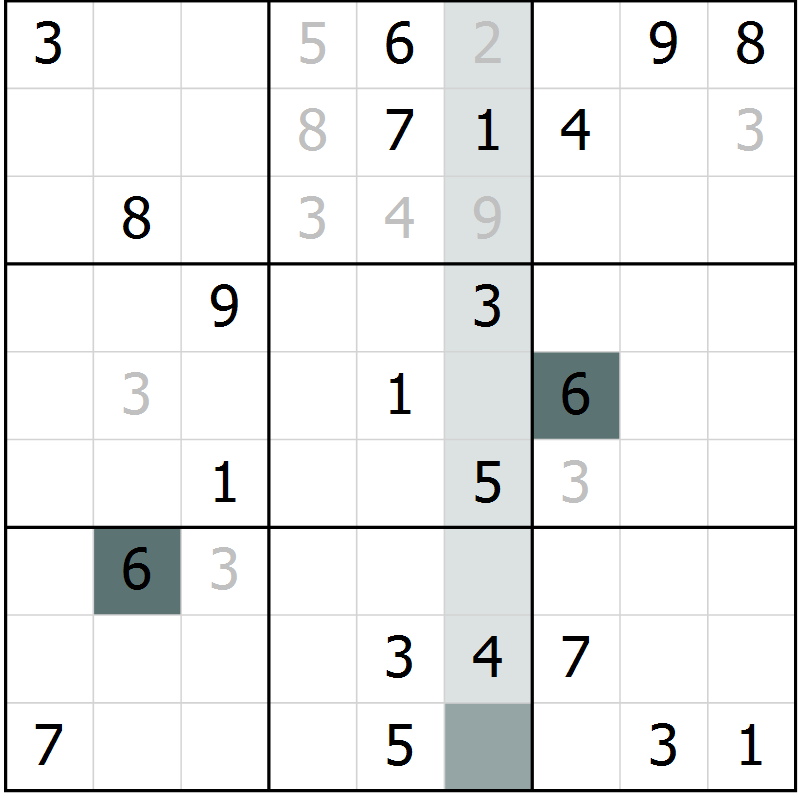 Position des candidats pour la solution de la Gr 6 page 9 du magazine de sudoku Virtuose n° 114