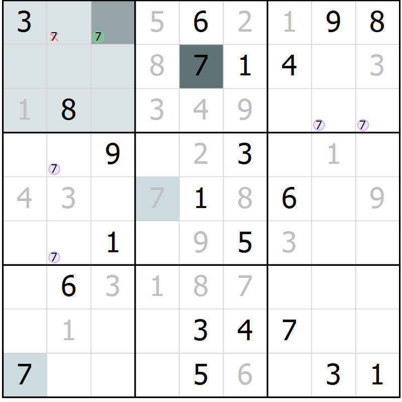 Position des candidats pour la solution de la Gr 6 page 9 du magazine de sudoku Virtuose n° 114