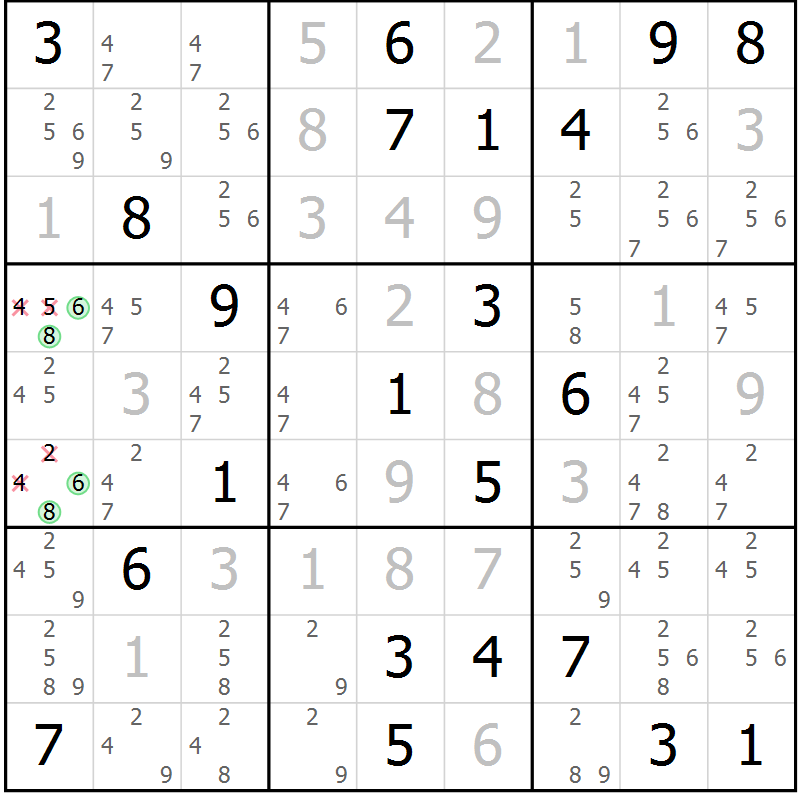 Position des candidats pour la solution de la Gr 6 page 9 du magazine de sudoku Virtuose n° 114