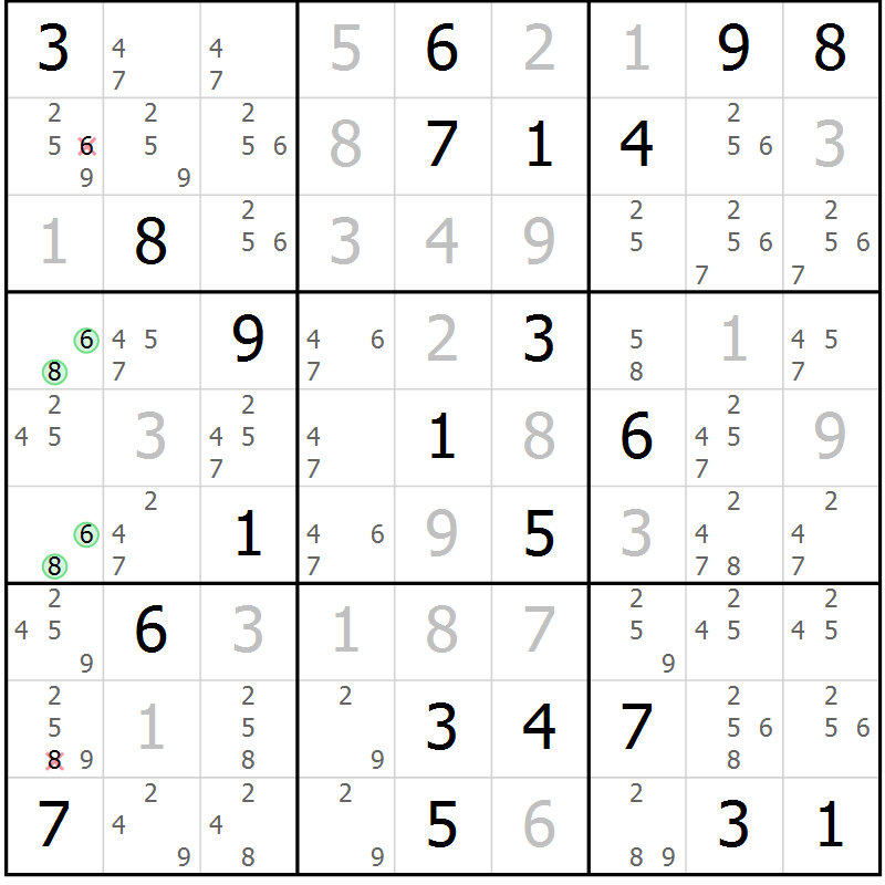 Position des candidats pour la solution de la Gr 6 page 9 du magazine de sudoku Virtuose n° 114