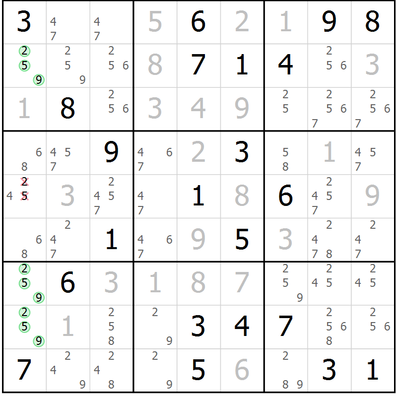 Position des candidats pour la solution de la Gr 6 page 9 du magazine de sudoku Virtuose n° 114