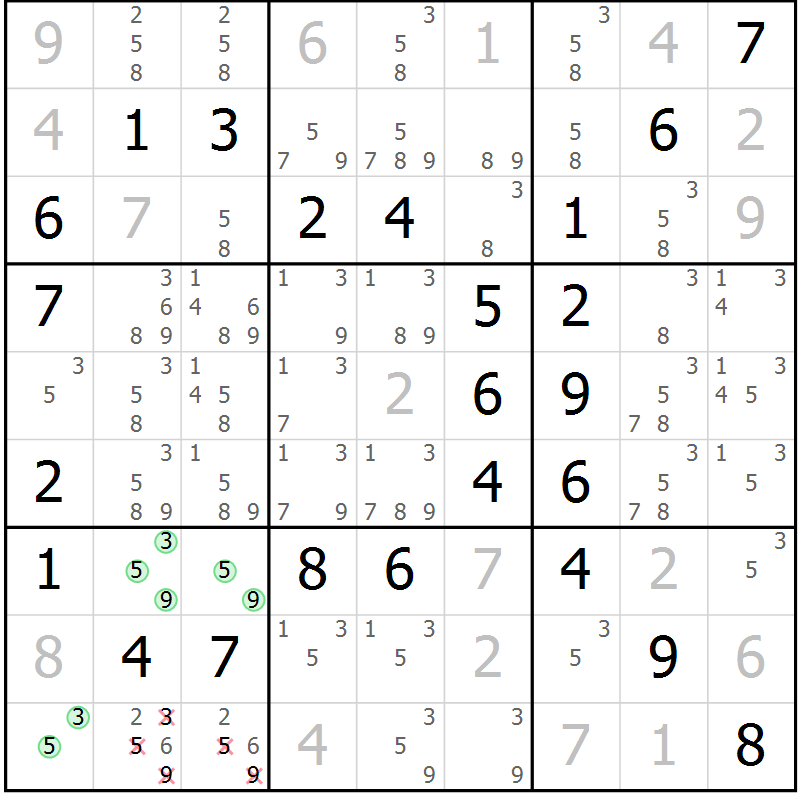 Position des candidats pour la solution de la Gr 60 page 63 du magazine de sudoku Virtuose n° 114