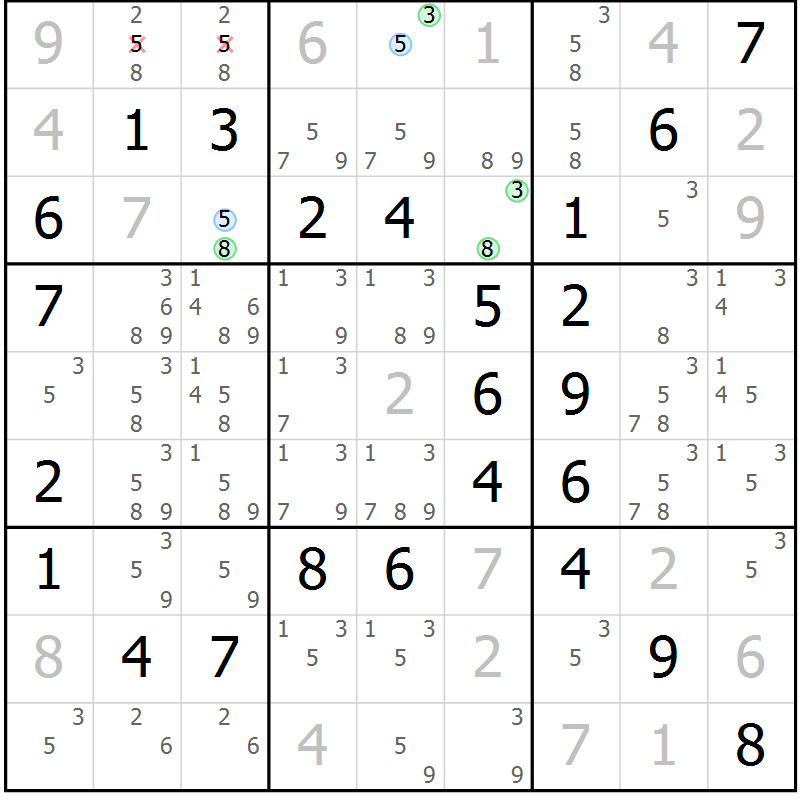 Position des candidats pour la solution de la Gr 60 page 63 du magazine de sudoku Virtuose n° 114