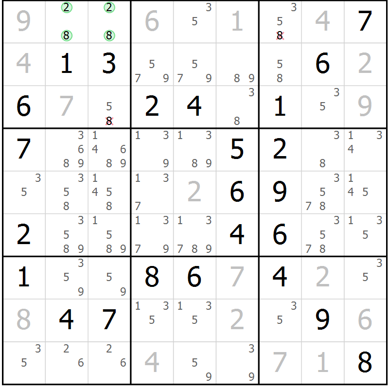 Position des candidats pour la solution de la Gr 60 page 63 du magazine de sudoku Virtuose n° 114