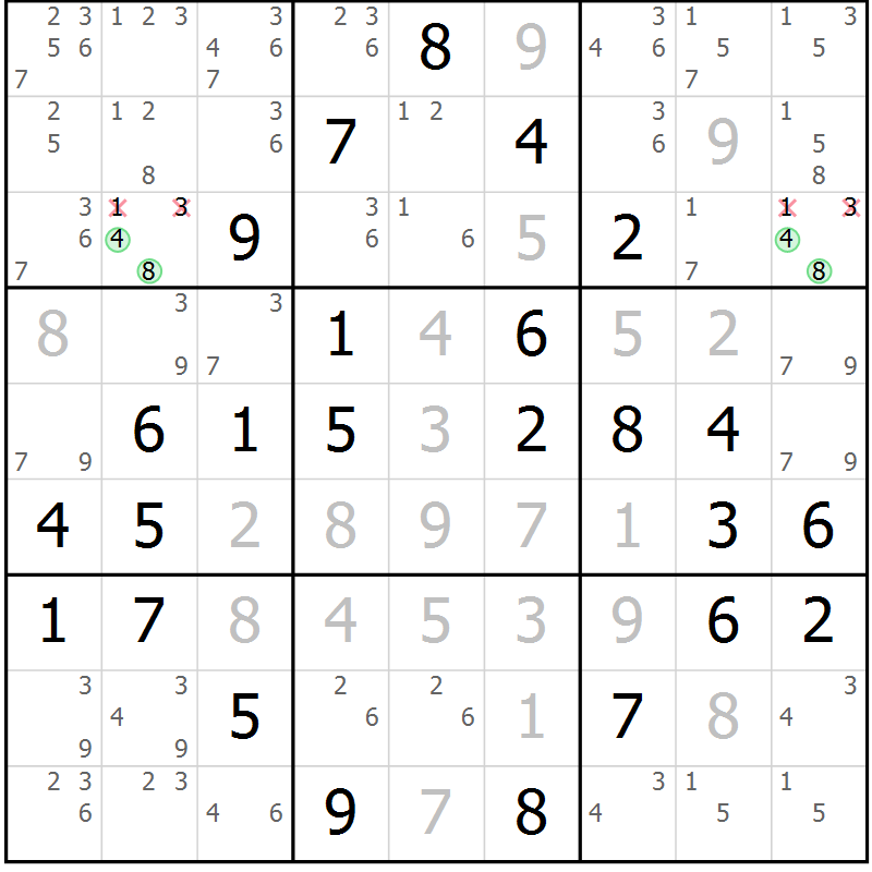 Position des candidats pour la solution de la Gr 61 page 64 du magazine de sudoku Virtuose n° 114