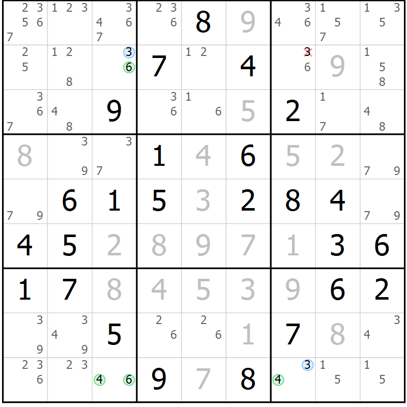 Position des candidats pour la solution de la Gr 61 page 64 du magazine de sudoku Virtuose n° 114