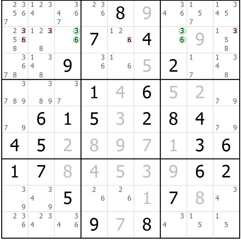 Position des candidats pour la solution de la Gr 61 page 64 du magazine de sudoku Virtuose n° 114