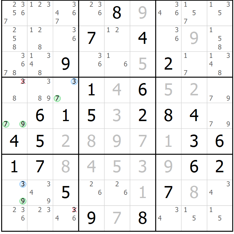 Position des candidats pour la solution de la Gr 61 page 64 du magazine de sudoku Virtuose n° 114