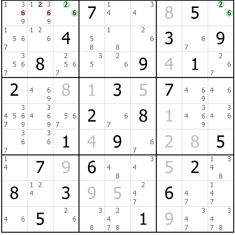 Position des candidats pour la solution de la Gr 63 page 66 du magazine de sudoku Virtuose n° 114