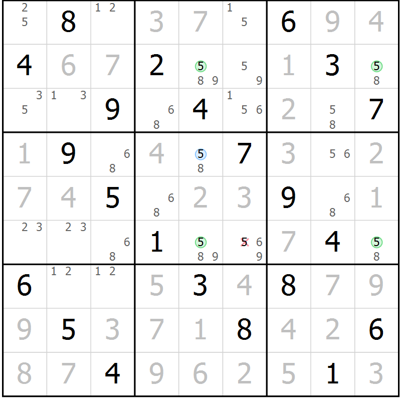 Position des candidats pour la solution de la Gr 64 page 67 du magazine de sudoku Virtuose n° 114