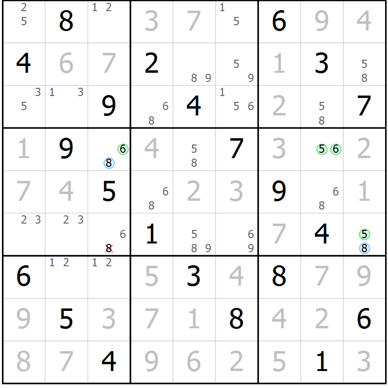 Position des candidats pour la solution de la Gr 64 page 67 du magazine de sudoku Virtuose n° 114