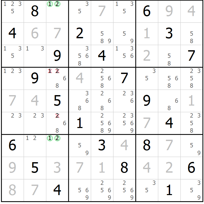 Position des candidats pour la solution de la Gr 64 page 67 du magazine de sudoku Virtuose n° 114