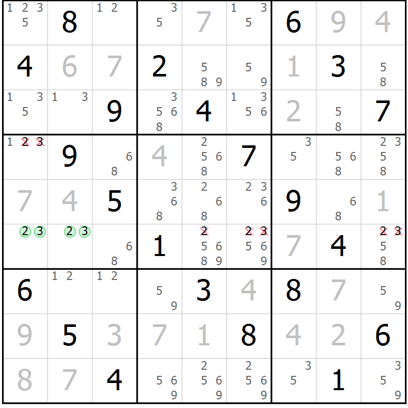Position des candidats pour la solution de la Gr 64 page 67 du magazine de sudoku Virtuose n° 114