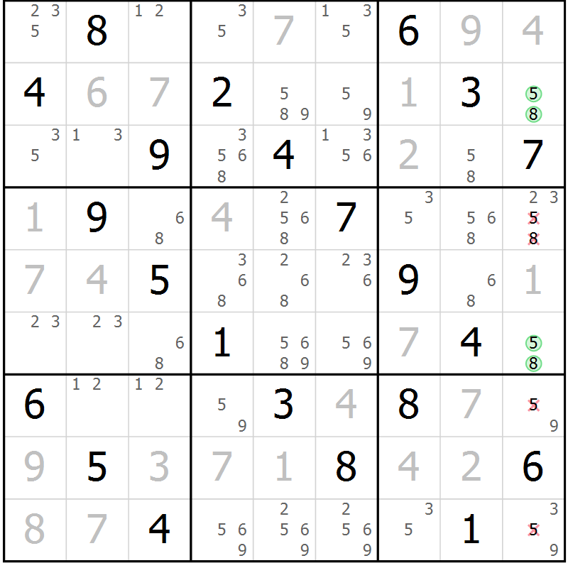 Position des candidats pour la solution de la Gr 64 page 67 du magazine de sudoku Virtuose n° 114