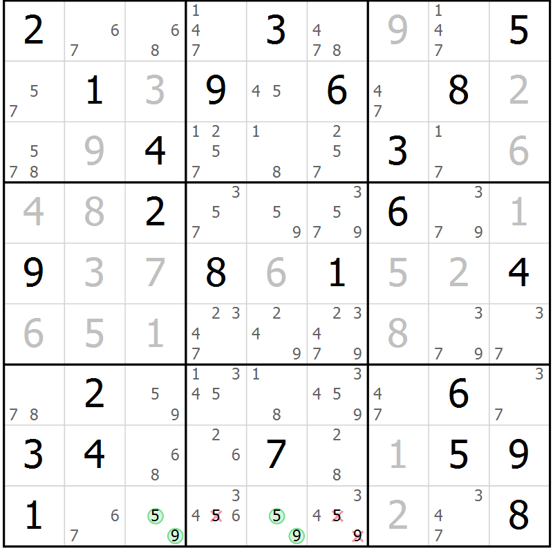 Position des candidats pour la solution de la Gr 65 page 68 du magazine de sudoku Virtuose n° 114