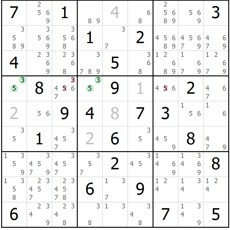 Position des candidats pour la solution de la Gr 69 page 72 du magazine de sudoku Virtuose n° 114