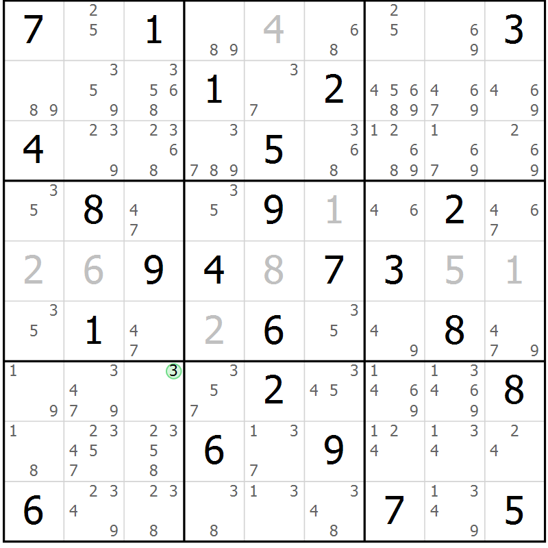 Position des candidats pour la solution de la Gr 69 page 72 du magazine de sudoku Virtuose n° 114