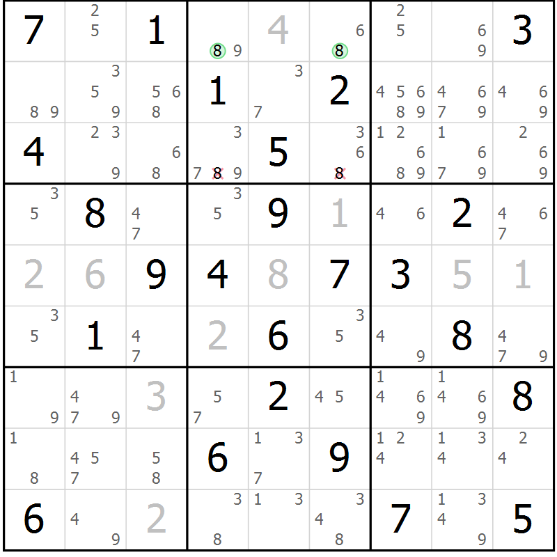 Position des candidats pour la solution de la Gr 69 page 72 du magazine de sudoku Virtuose n° 114