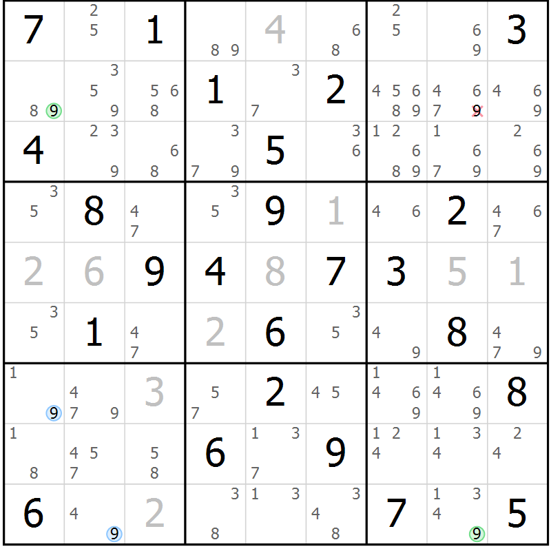Position des candidats pour la solution de la Gr 69 page 72 du magazine de sudoku Virtuose n° 114