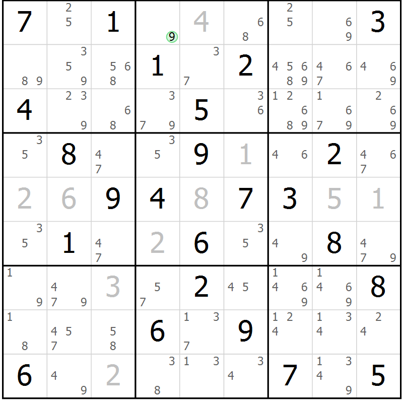 Position des candidats pour la solution de la Gr 69 page 72 du magazine de sudoku Virtuose n° 114