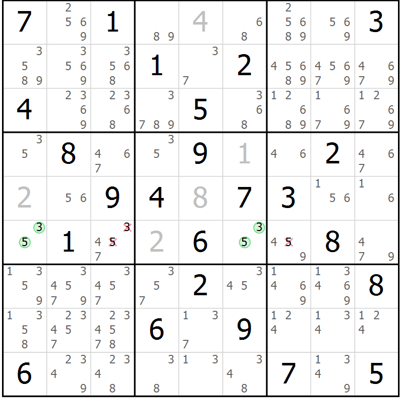 Position des candidats pour la solution de la Gr 69 page 72 du magazine de sudoku Virtuose n° 114