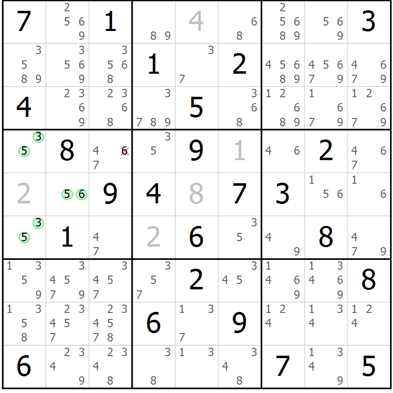 Position des candidats pour la solution de la Gr 69 page 72 du magazine de sudoku Virtuose n° 114