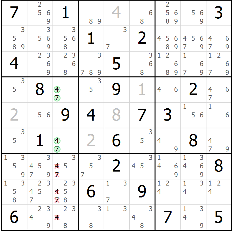 Position des candidats pour la solution de la Gr 69 page 72 du magazine de sudoku Virtuose n° 114