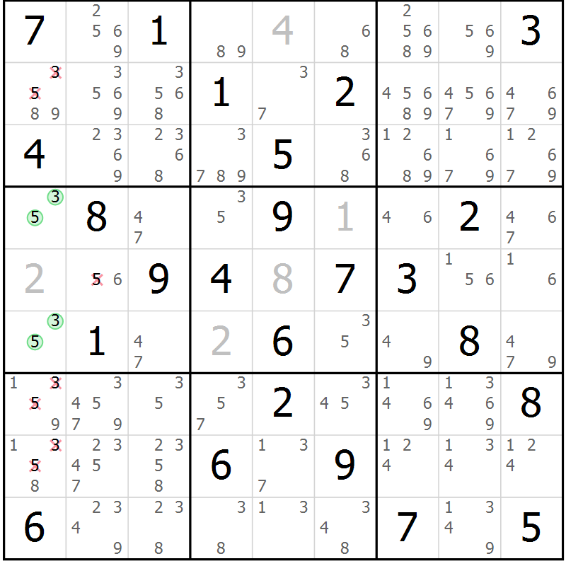 Position des candidats pour la solution de la Gr 69 page 72 du magazine de sudoku Virtuose n° 114