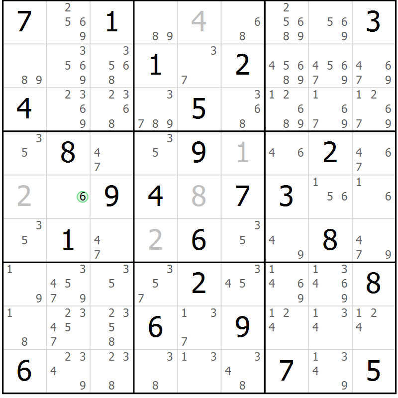 Position des candidats pour la solution de la Gr 69 page 72 du magazine de sudoku Virtuose n° 114