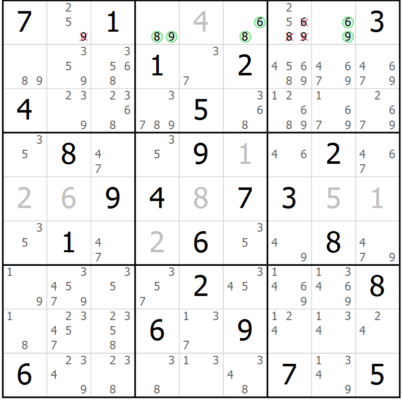 Position des candidats pour la solution de la Gr 69 page 72 du magazine de sudoku Virtuose n° 114