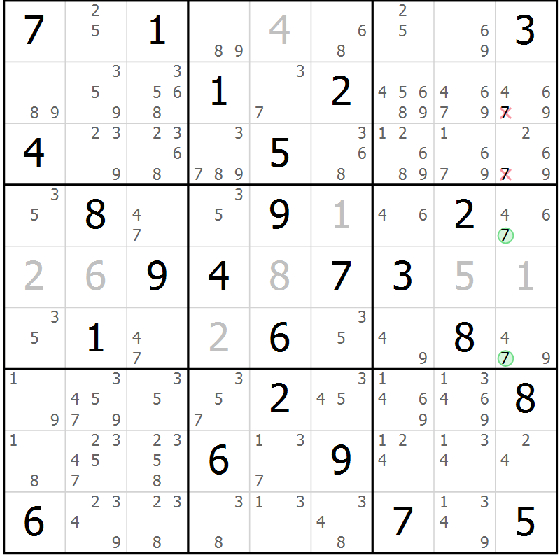 Position des candidats pour la solution de la Gr 69 page 72 du magazine de sudoku Virtuose n° 114